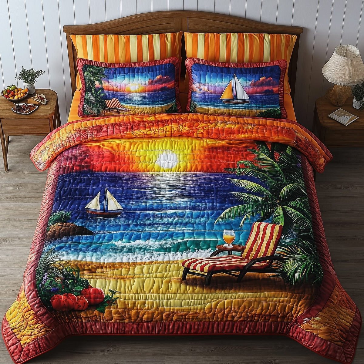 Harmony Beach Vibe quilted 3-piece bedding set on a made bed in a light coastal bedroom