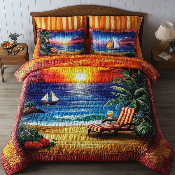 Harmony Beach Vibe quilted 3-piece bedding set on a made bed in a light coastal bedroom