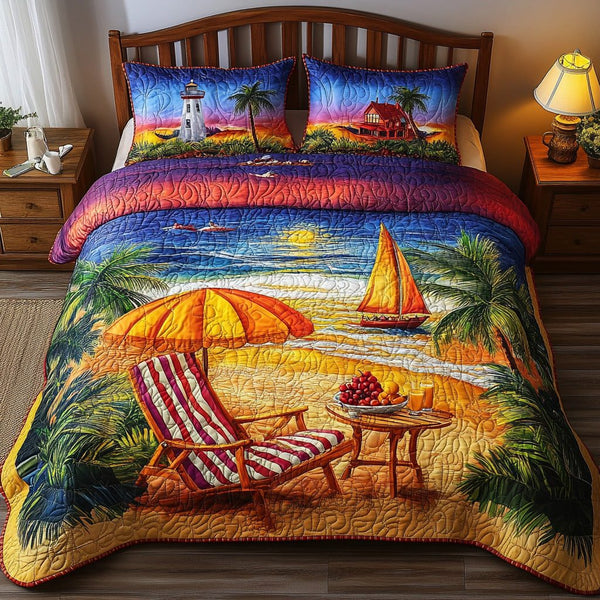 Harmony Beach Vibe quilted 3-piece bedding set on a made bed in a light coastal bedroom