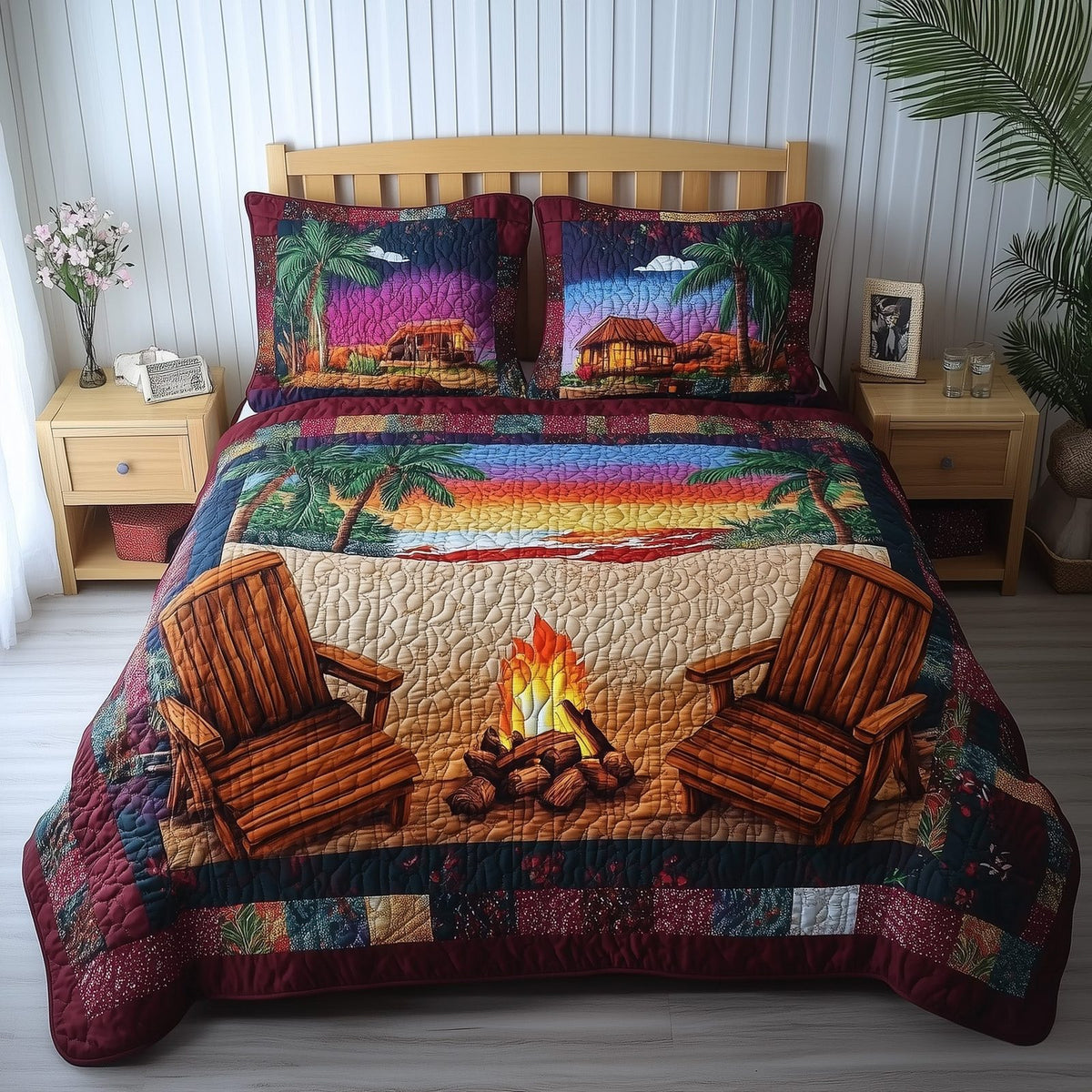 Harmony Beach Vibe quilted 3-piece bedding set on a made bed in a light coastal bedroom