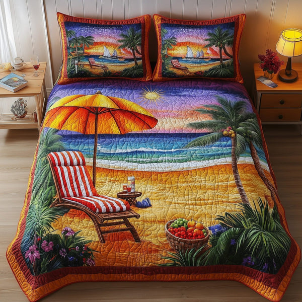 Harmony Beach Vibe quilted 3-piece bedding set on a made bed in a light coastal bedroom