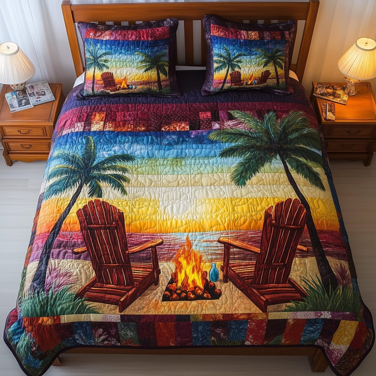Harmony Beach Vibe quilted 3-piece bedding set on a made bed in a light coastal bedroom
