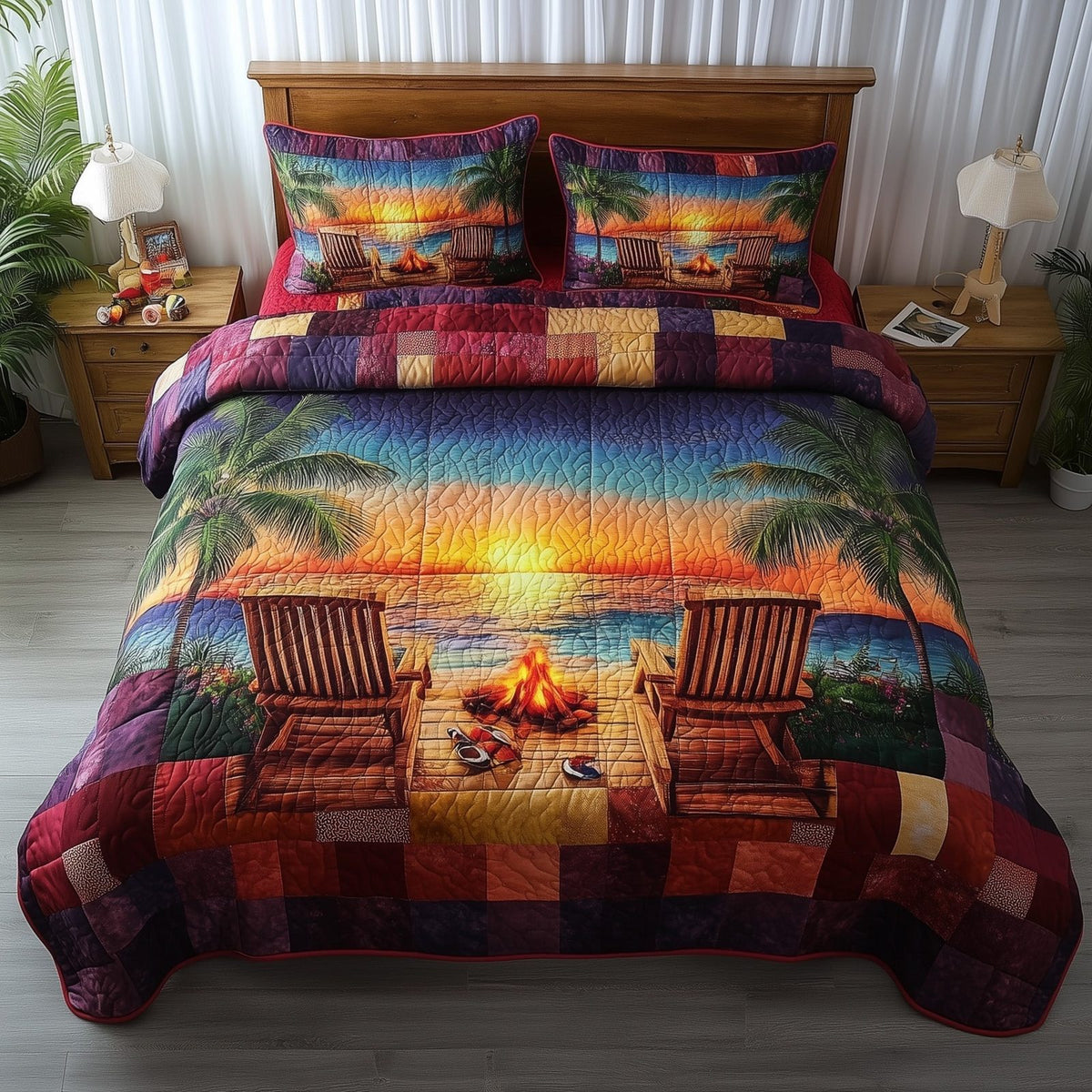 Harmony Beach Vibe quilted 3-piece bedding set on a made bed in a light coastal bedroom