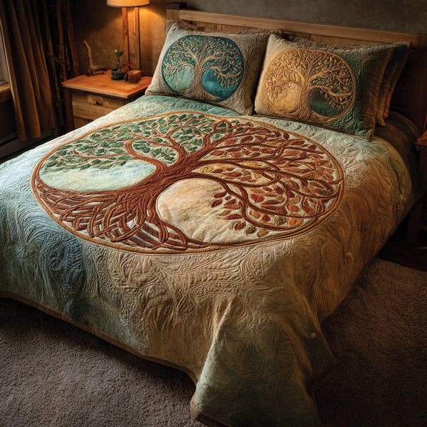 Harmony Circle quilted 3-piece bedding set on a made bed with two matching pillow shams