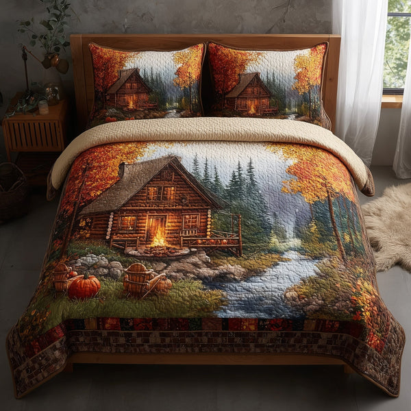 Harmony Fall quilted 3-piece bedding set on a made bed with two matching pillow shams