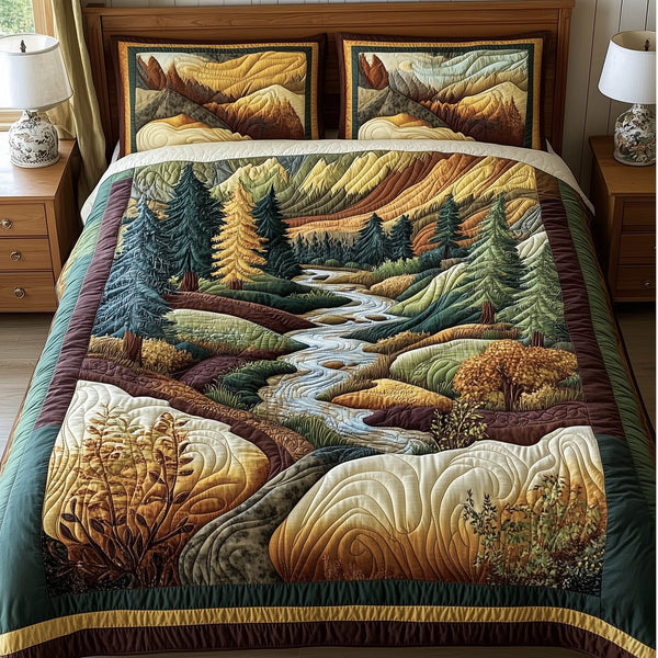 Harmony Flow quilted 3-piece bedding set on a made bed with two matching pillow shams