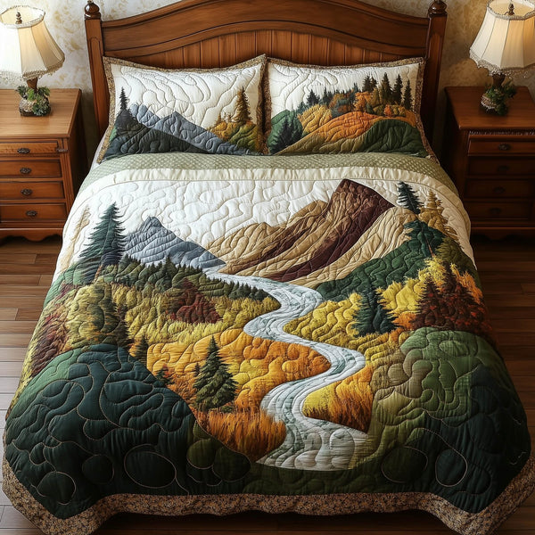 Harmony Flow quilted 3-piece bedding set on a made bed with two matching pillow shams