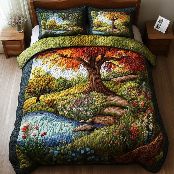 Harmony Forest quilted 3-piece bedding set on a made bed with two matching pillow shams