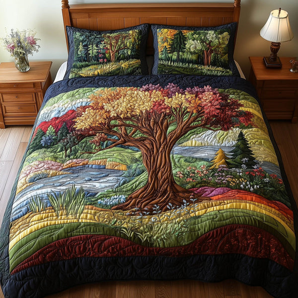 Harmony Forest quilted 3-piece bedding set on a made bed with two matching pillow shams