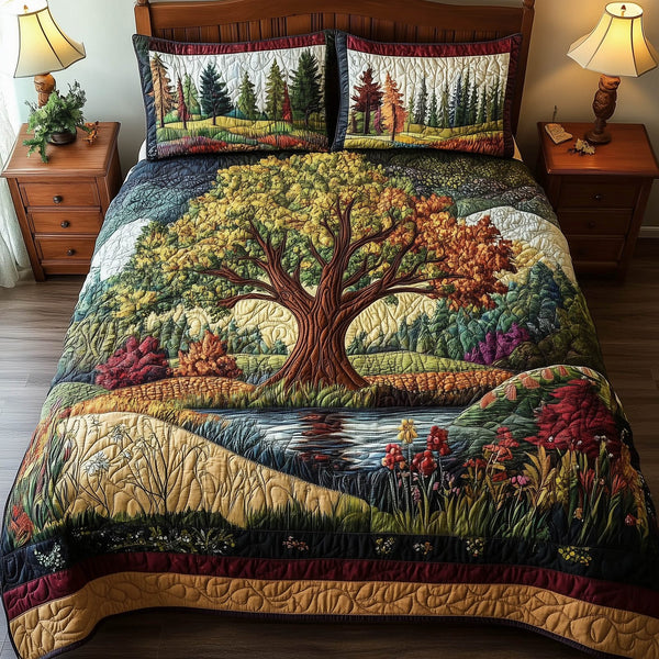 Harmony Forest quilted 3-piece bedding set on a made bed with two matching pillow shams