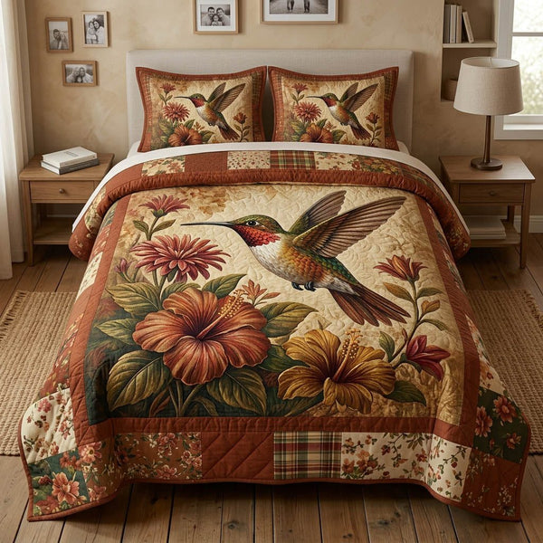 Harmony Garden quilted 3-piece bedding set on a made bed with two matching pillow shams