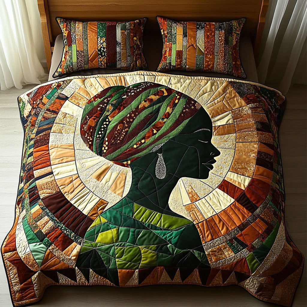 Harmony Glow quilted 3-piece bedding set on a made bed with two matching pillow shams