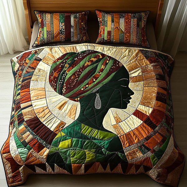 Harmony Glow quilted 3-piece bedding set on a made bed with two matching pillow shams