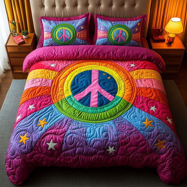 Harmony Glow quilted 3-piece bedding set on a made bed with two matching pillow shams