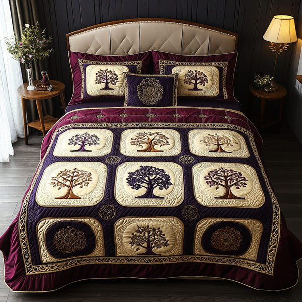 Harmony Grove quilted 3-piece bedding set on a made bed with two matching pillow shams