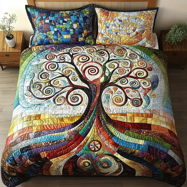 Harmony Grove quilted 3-piece bedding set on a made bed with two matching pillow shams