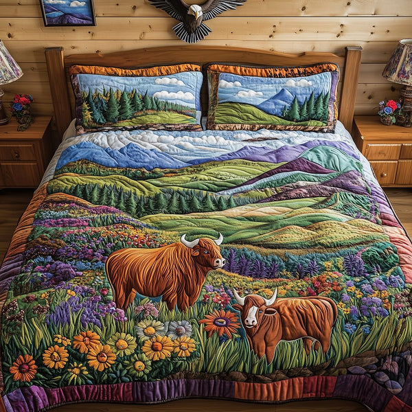 Harmony Highland quilted 3-piece bedding set on a made bed with two matching pillow shams