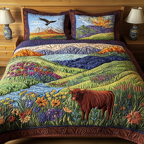 Harmony Highland quilted 3-piece bedding set on a made bed with two matching pillow shams