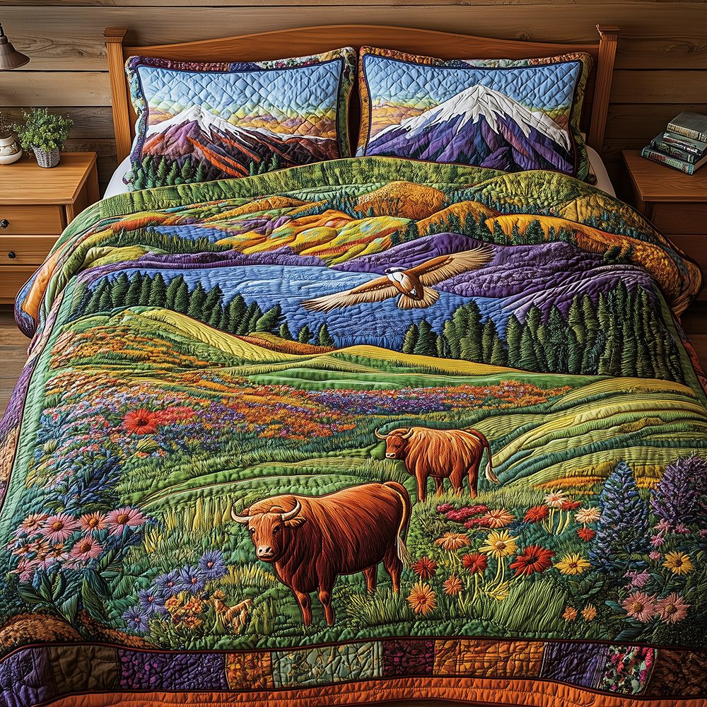 Harmony Highland quilted 3-piece bedding set on a made bed with two matching pillow shams