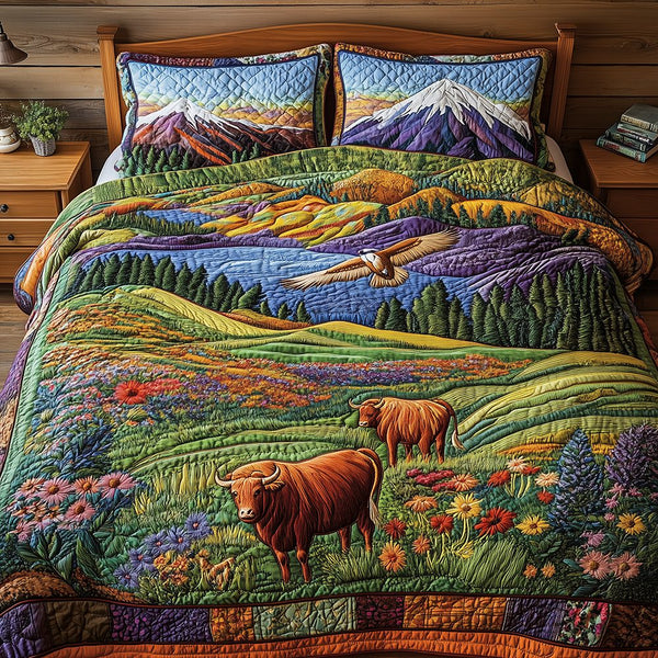 Harmony Highland quilted 3-piece bedding set on a made bed with two matching pillow shams