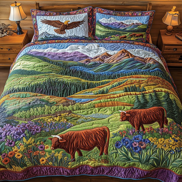 Harmony Highland quilted 3-piece bedding set on a made bed with two matching pillow shams