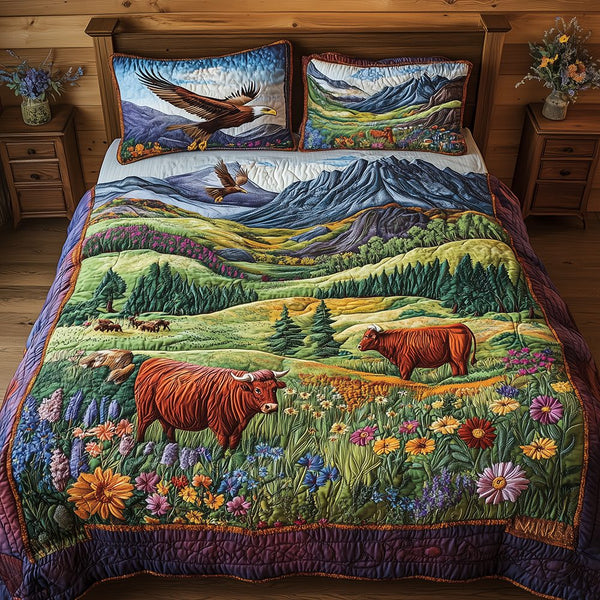Harmony Highland quilted 3-piece bedding set on a made bed with two matching pillow shams