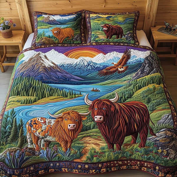 Harmony Highland quilted 3-piece bedding set on a made bed with two matching pillow shams