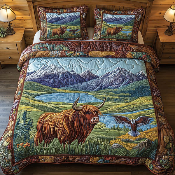 Harmony Highland quilted 3-piece bedding set on a made bed with two matching pillow shams