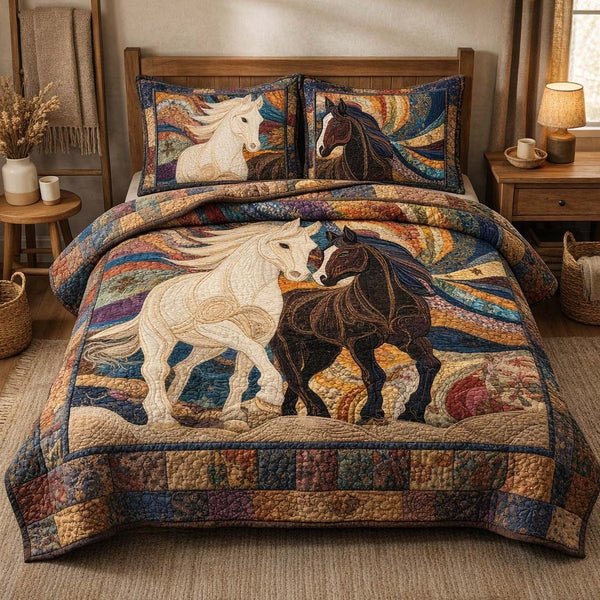 Harmony Horses quilted 3-piece bedding set on a made bed in a rustic timber bedroom