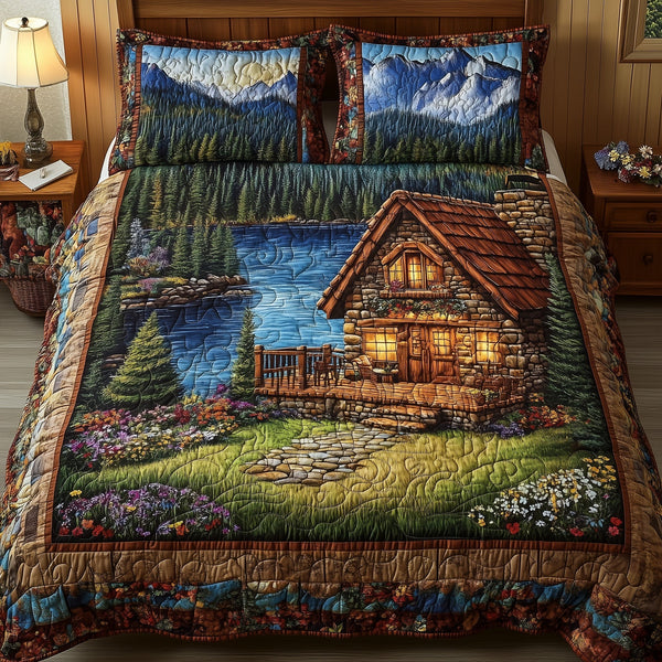 Harmony Lake quilted 3-piece bedding set on a made bed with two matching pillow shams