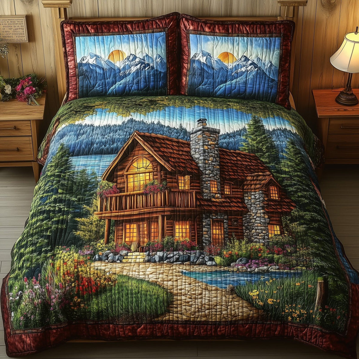 Harmony Lake Vỉew quilted 3-piece bedding set on a made bed with two matching pillow shams