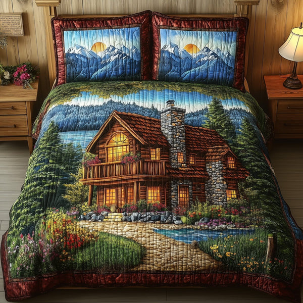 Harmony Lake Vỉew quilted 3-piece bedding set on a made bed with two matching pillow shams