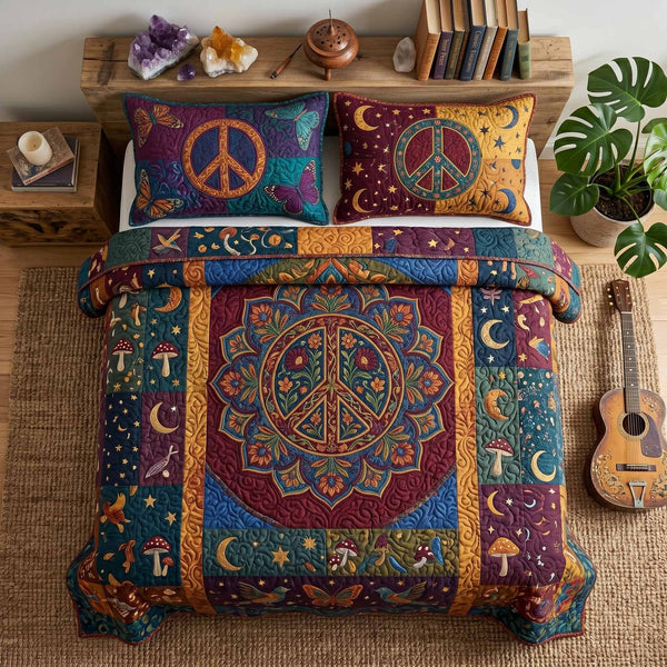 Harmony Mandala quilted 3-piece bedding set on a made bed with two matching pillow shams