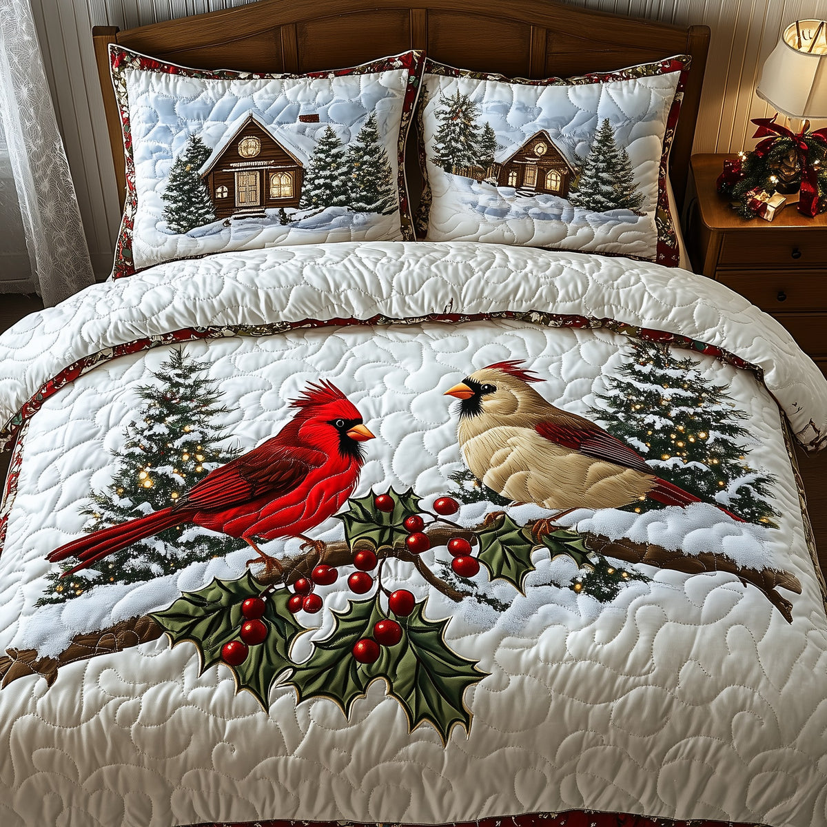 Harmony of Cardinals quilted 3-piece bedding set on a made bed with two matching pillow shams