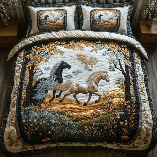 Harmony of Horses quilted 3-piece bedding set on a made bed in a rustic timber bedroom
