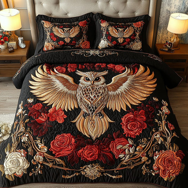 Harmony Owl quilted 3-piece bedding set on a made bed with two matching pillow shams