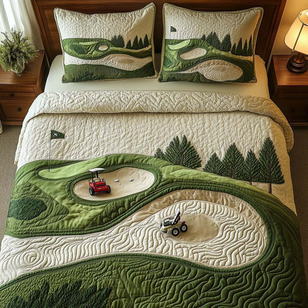 Harmony Pines Golf Course quilted 3-piece bedding set on a made bed with two matching pillow shams