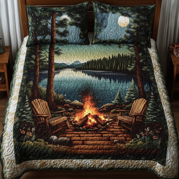 Harmony Retreat quilted 3-piece bedding set on a made bed with two matching pillow shams