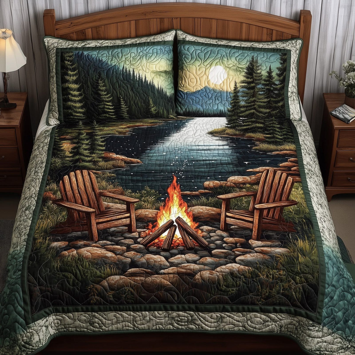 Harmony Retreat quilted 3-piece bedding set on a made bed with two matching pillow shams