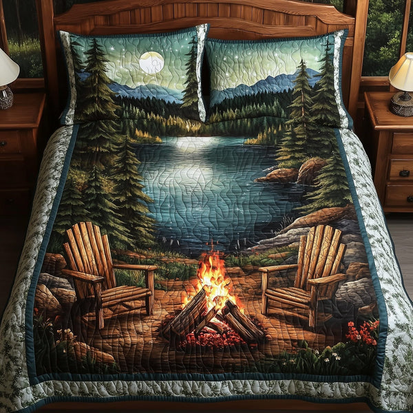 Harmony Retreat quilted 3-piece bedding set on a made bed with two matching pillow shams