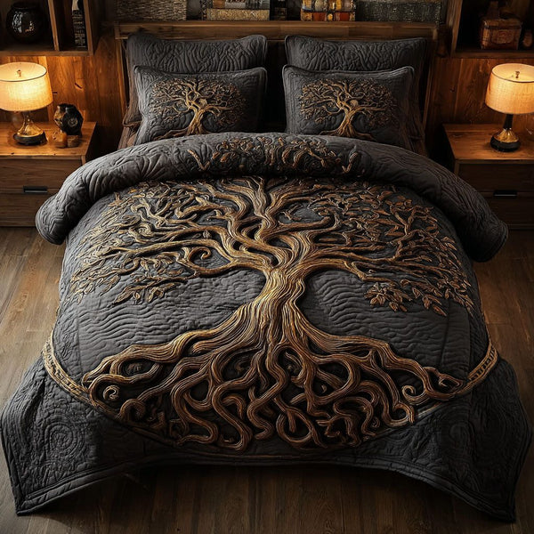Harmony Tree quilted 3-piece bedding set on a made bed with two matching pillow shams