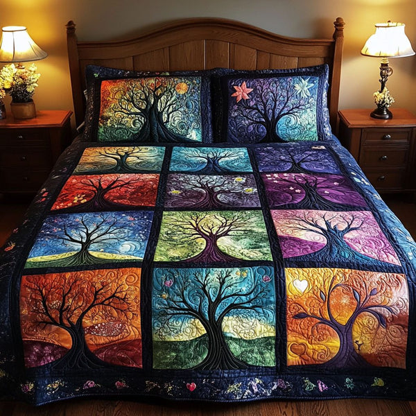 Harmony Tree quilted 3-piece bedding set on a made bed with two matching pillow shams