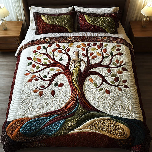 Harmony Tree quilted 3-piece bedding set on a made bed with two matching pillow shams