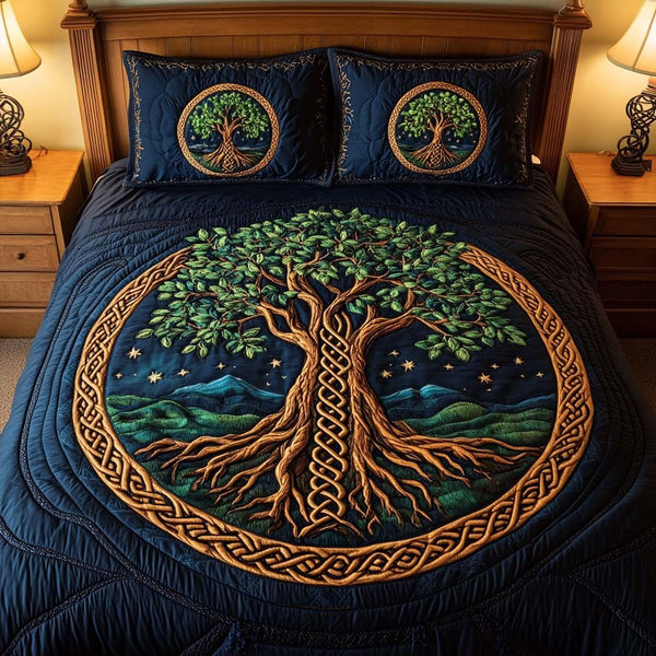 Harmony Tree quilted 3-piece bedding set on a made bed with two matching pillow shams