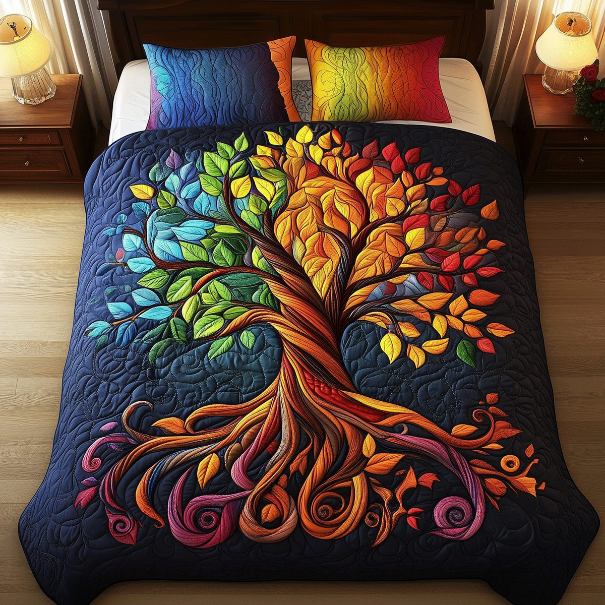 Harmony Tree quilted 3-piece bedding set on a made bed with two matching pillow shams