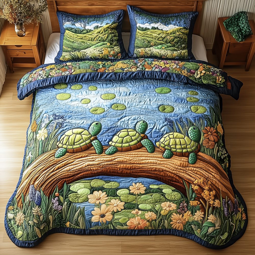 Harmony Turtles quilted 3-piece bedding set on a made bed in a light coastal bedroom