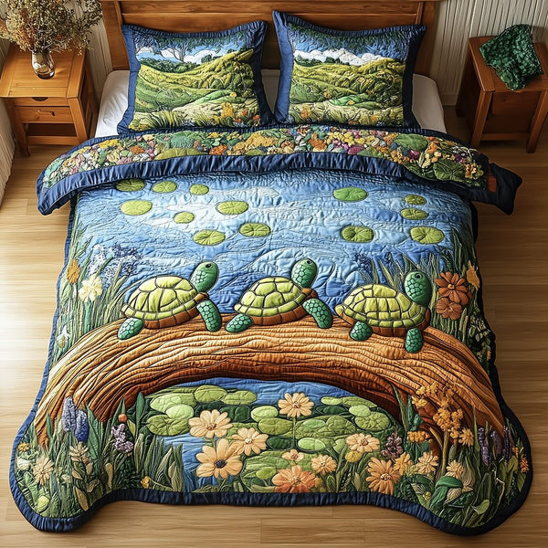 Harmony Turtles quilted 3-piece bedding set on a made bed in a light coastal bedroom