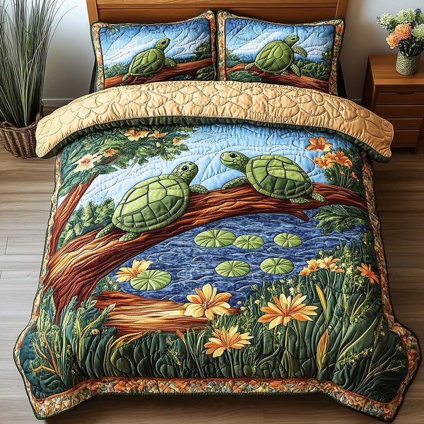 Harmony Turtles quilted 3-piece bedding set on a made bed in a light coastal bedroom