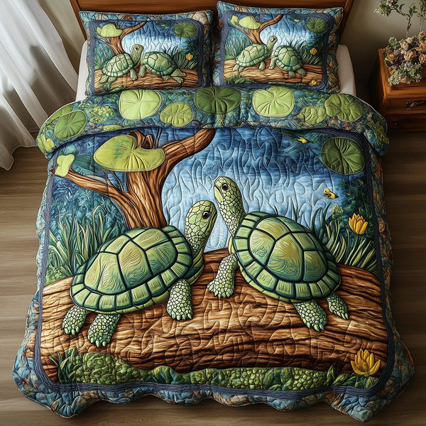 Harmony Turtles quilted 3-piece bedding set on a made bed in a light coastal bedroom
