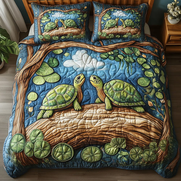 Harmony Turtles quilted 3-piece bedding set on a made bed in a light coastal bedroom